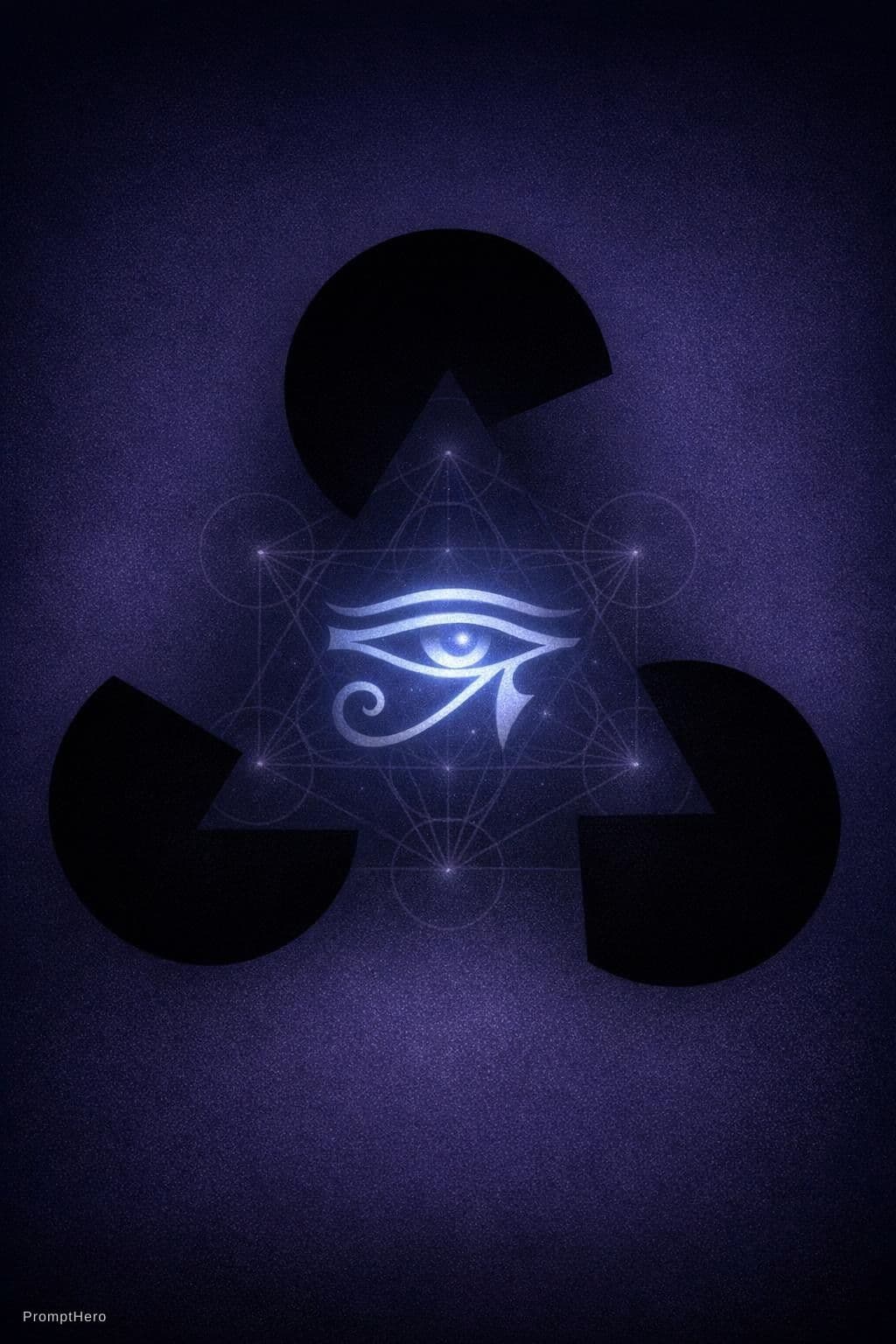 AI generated: Kanizsa triangle optical illusion – Kanizsa triangle formed by three black pac-man shapes on dark ba...