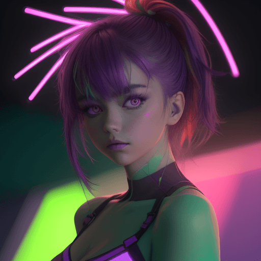 AI generated: a beautiful lightup purple girl is posing in front of her neon clothing, in the style of dark orange...