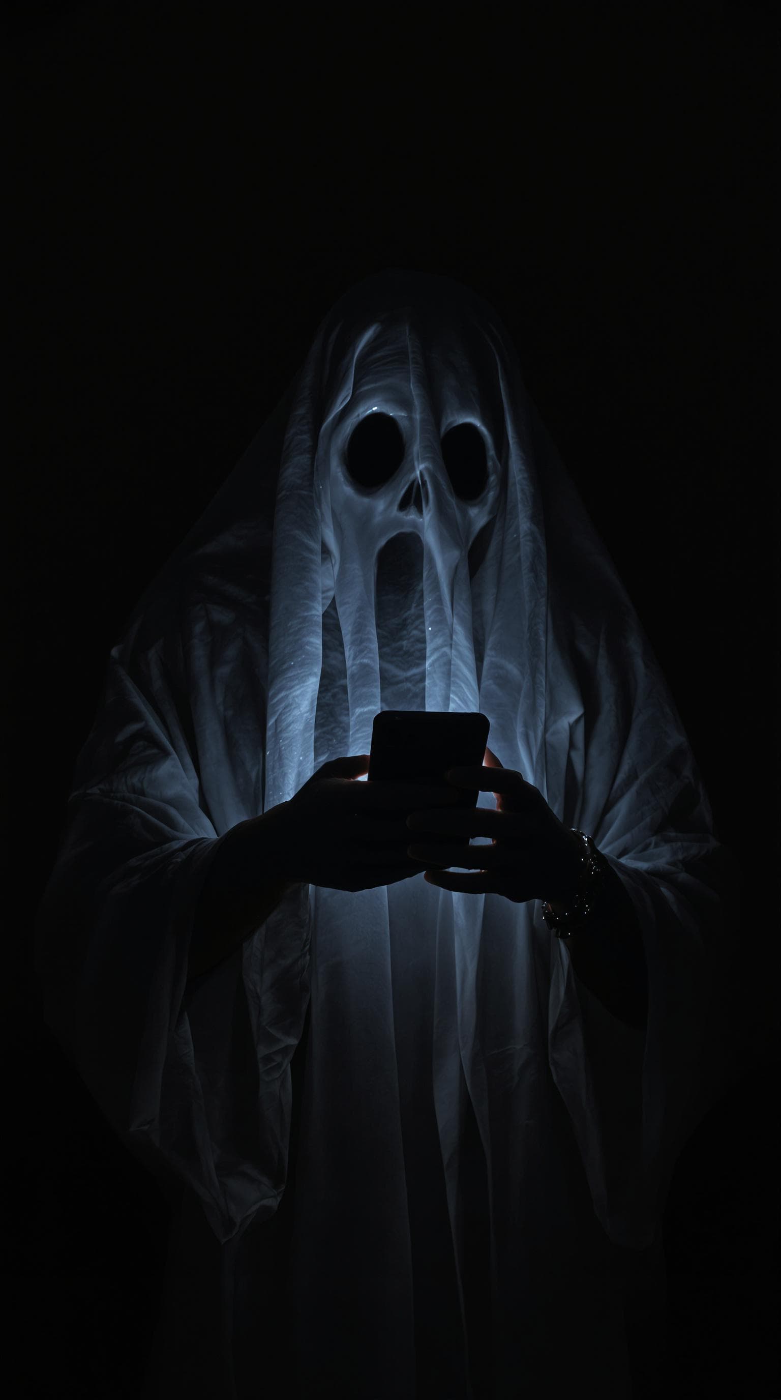 AI generated: A ghostly figure using a mobile phone, photorealistic, highly detailed, high contrast, dimly lit bac...