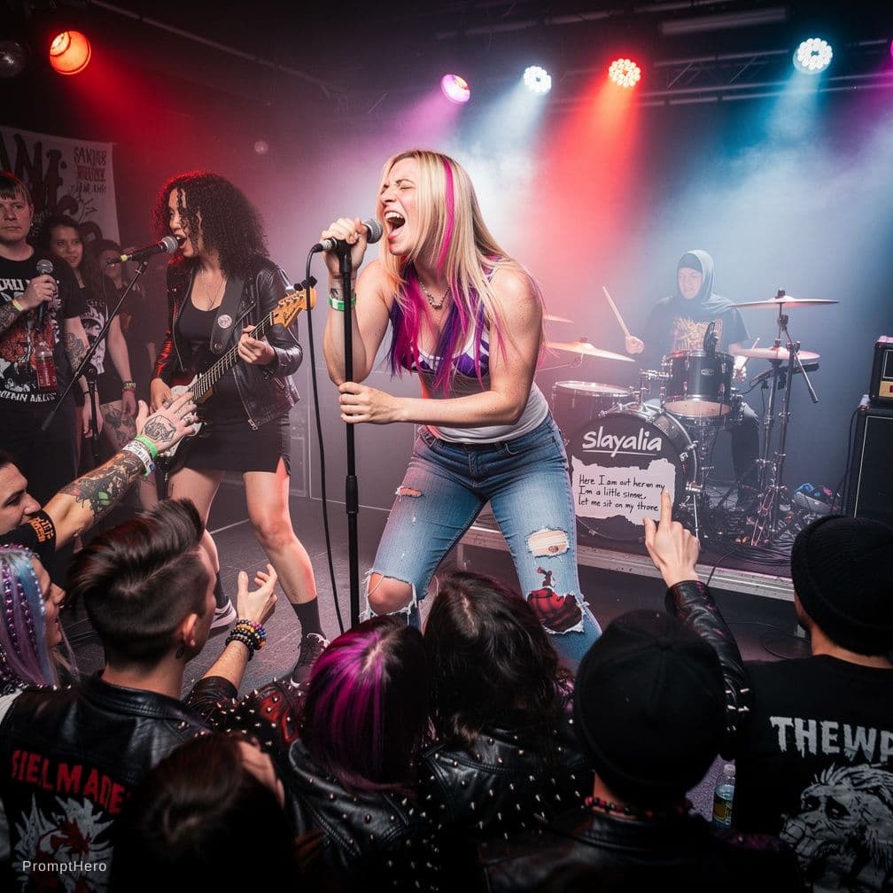 AI generated: A hardcore punk band called Slayalia performing on stage. The lead singer has long blonde hair with ...