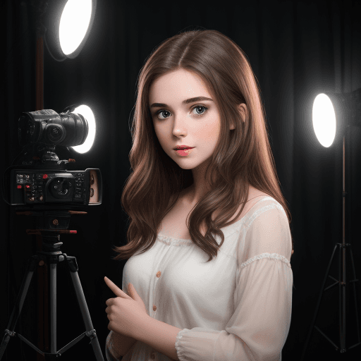 AI generated: young brunette actress on set surrounded by cameras and lights