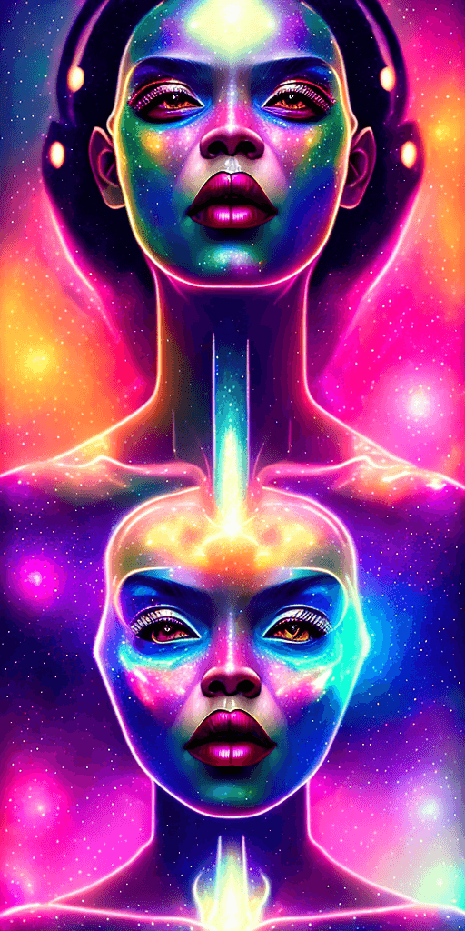 AI generated: pop art, portrait, nebula solar flare warrior Evie  Jasmine, black skin, colorful makeup, symmetry, ...