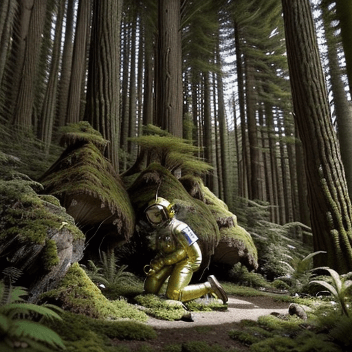AI generated: The image shows an astronaut kneeling in a forest in front of a tall, narrow building covered in mos...
