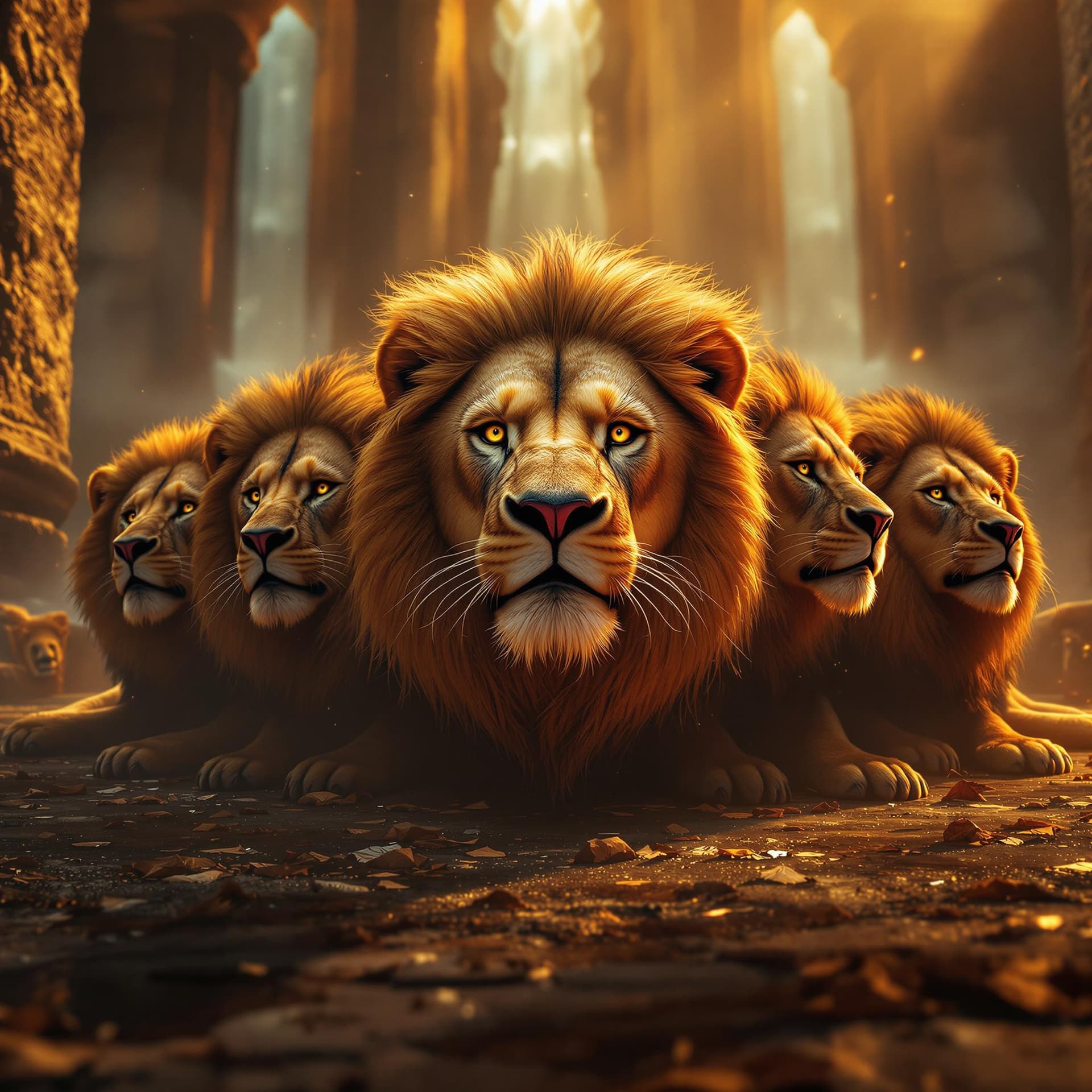 AI generated: imagine prompt: maximalist Daniel in the Lions Den - Briton Riviere, 7 lions where face of each one ...