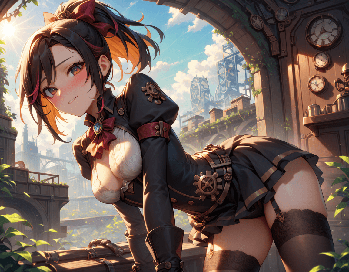 AI generated: score_9, score_8_up, score_7_up, 1girl, steampunk, outside, distant skyline, boobies_uniform, legwea...
