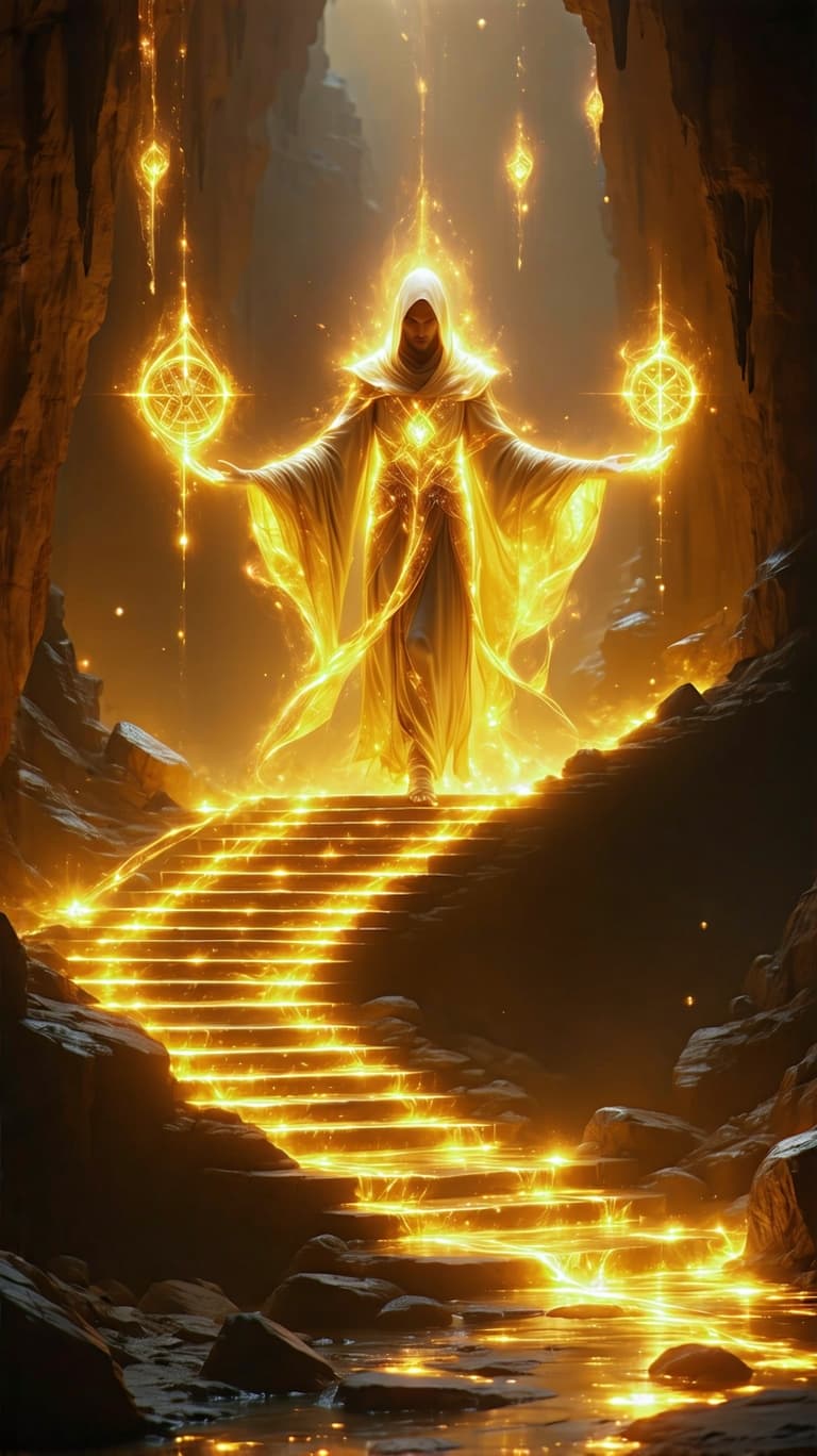 AI generated: A luminous golden guardian, their form woven from celestial silk and cosmic energy, stands atop a le...