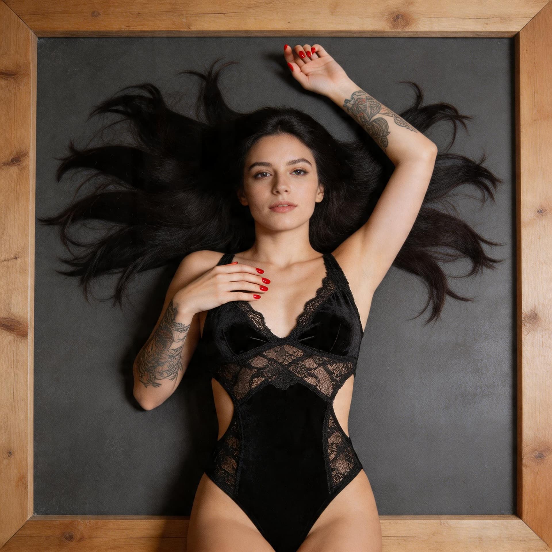 AI generated: A woman lies on a dark gray surface, framed by wooden planks. She wears a black lace and velvet body...