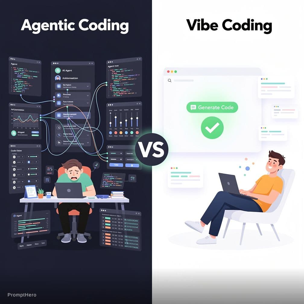 AI generated: Modern tech meme-style illustration comparing Agentic Coding vs Vibe Coding in a split screen layout...
