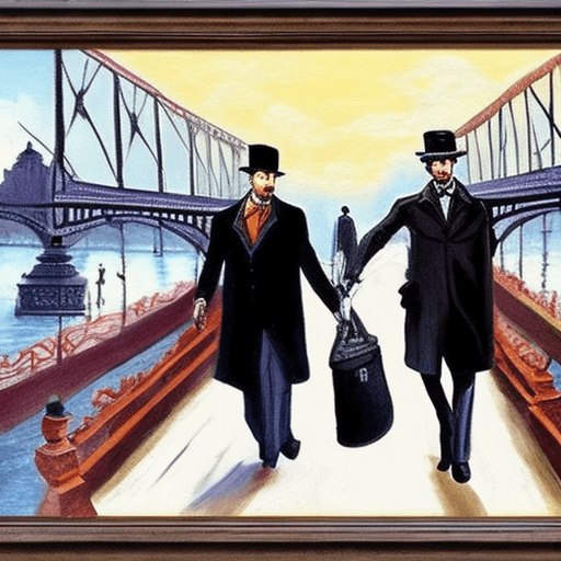 AI generated: Painting of Sherlock Holmes and Oppenheimer walking together in Howrah Bridge