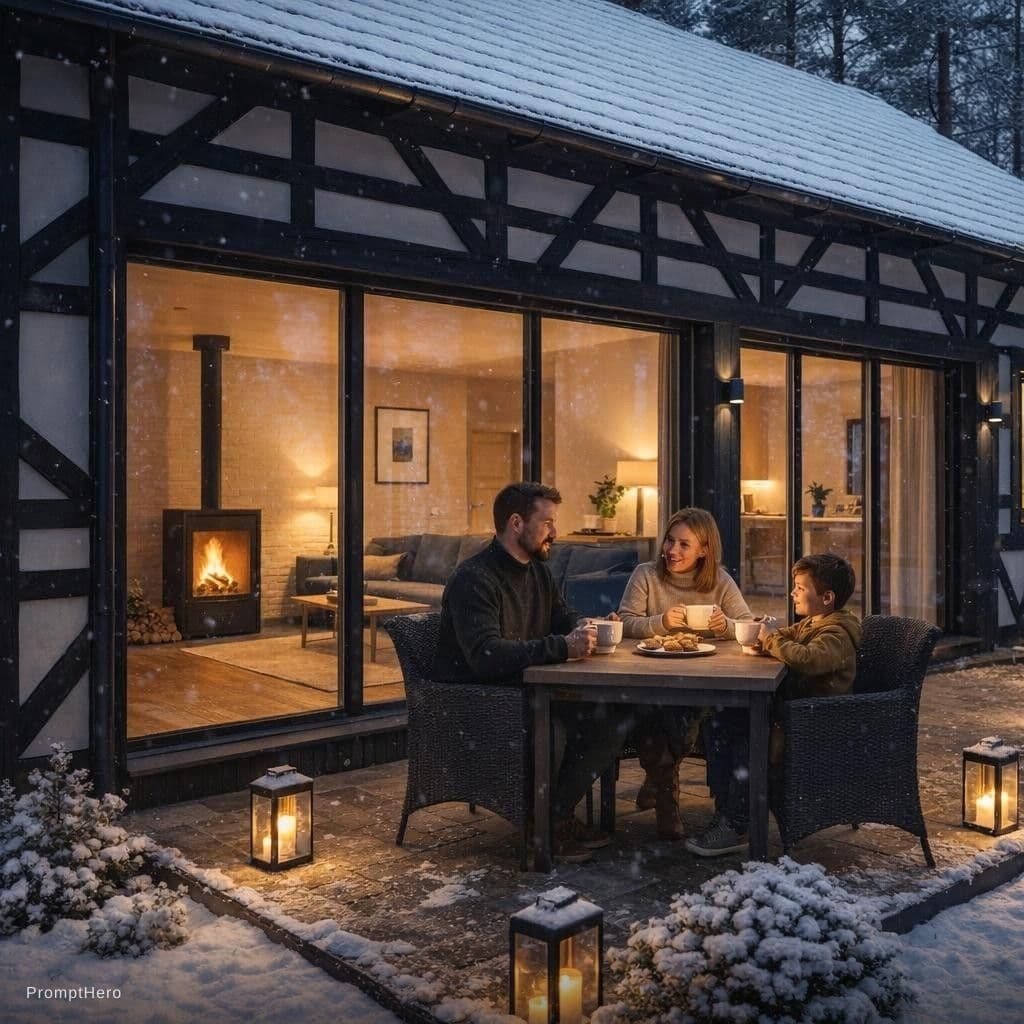AI generated: Create a photo of a half-timbered house with panoramic windows. The house is dark gray, with a terra...