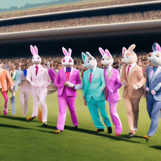 AI generated: A crowd dressed in Easter Bunny suits races along the track from left to right,photographic fashion ...