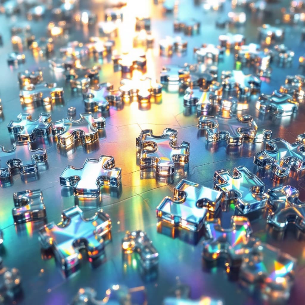 AI generated: Reordered: “Glass puzzle pieces scattered across a reflective surface, intricate design with shimmer...