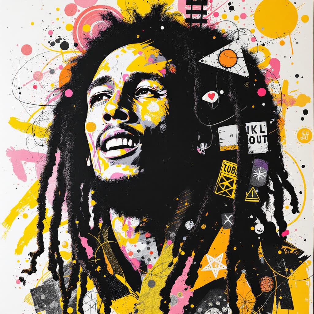 AI generated: A mixed media collage featuring Bob Marley famous singer  figure with expressive eyes, adorned in vi...
