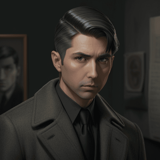 AI generated: a confident man detective with a sleek bobbed hairstyle cut and observant brown eyes, wearing a gray...
