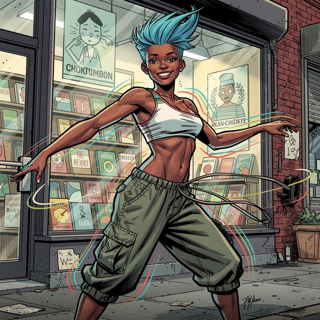 AI generated: Akan-Chokwe female playful dancer 24-year-old with short spiky cerulean hair, asymmetric crop top, c...