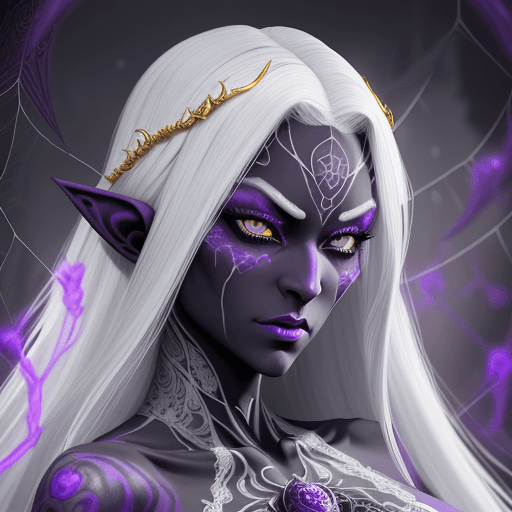 AI generated: ((extreme detail)),(ultra-detailed), female, villain, drow elf, mystic, purple skin, white eyes, tat...