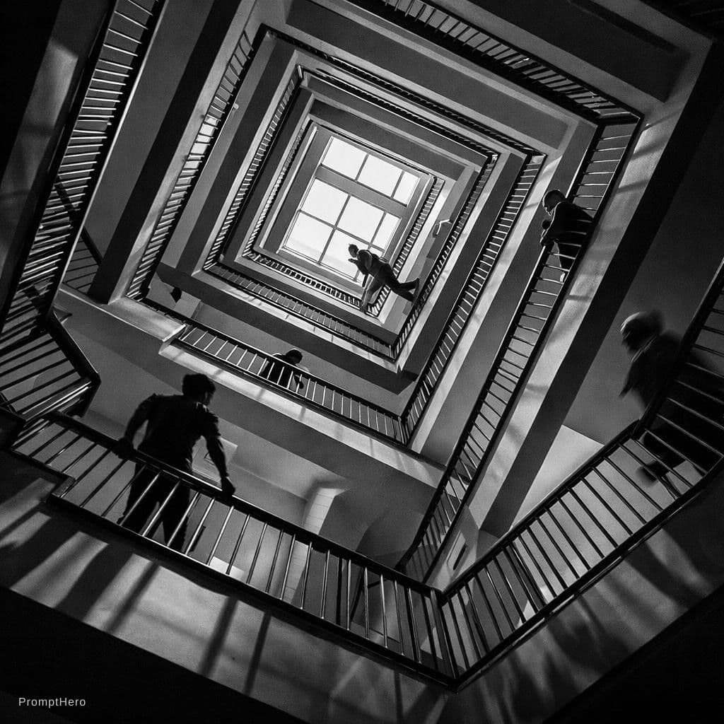 AI generated: geometric and architectural, vertical, black and white photography, looking up through a multi-level...