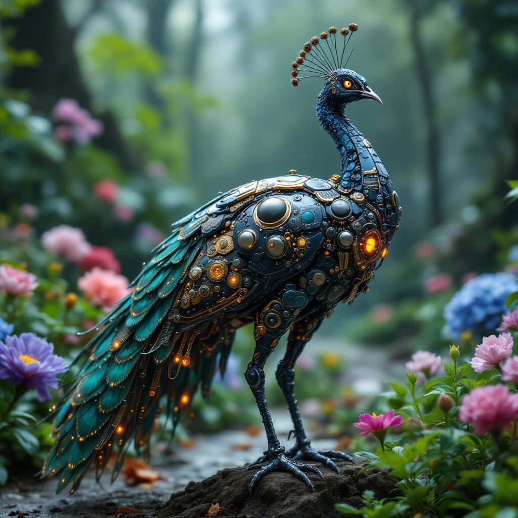AI generated: ((xenon_punk style circuit Peacock)). garden ((full-body-shot)), microscope photo of a science folkl...