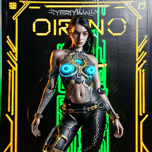 AI generated: D&D portrait of, full body, cybernetic iron female with gold inserts on cover in neon-lit cyberpunk ...
