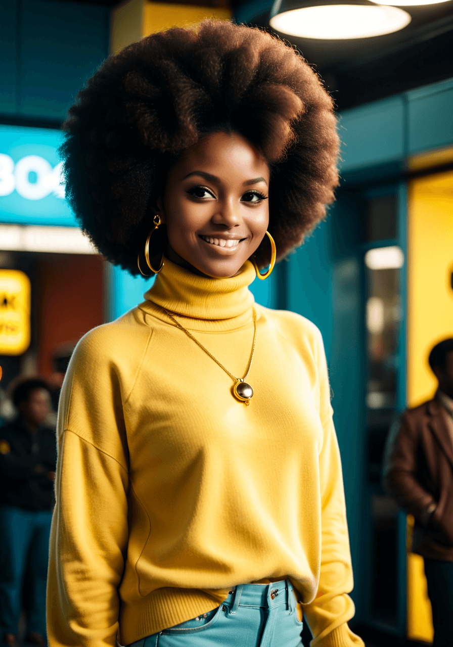 AI generated: cinematic photo (wide shot), 1 young female , happy, dark skin tone, afro hair, yellow turtle neck s...