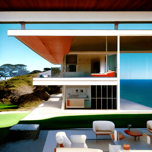 AI generated: Hyper realistic eye level exterior photo of a mid century modern style house overlooking the ocean, ...