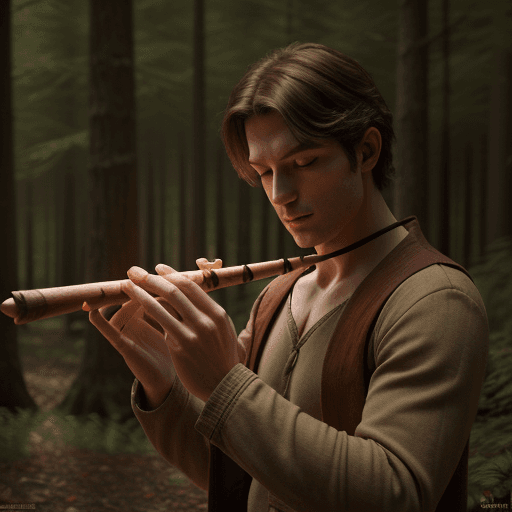 AI generated: an average looking, DnD human, in a forest, plaing a wooden piccolo flute, cinematic light, 4k, phot...