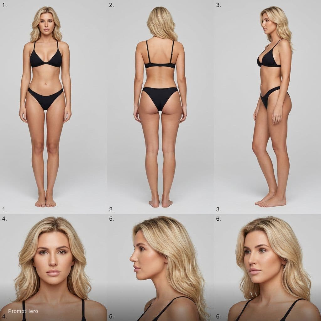 AI generated: Skin must be clean and flawless: no tattoos, no scars, no marks, no blemishes. Wearing a minimal bik...