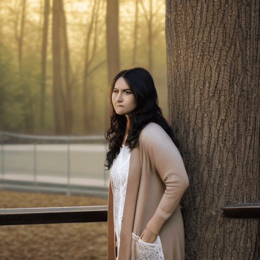 AI generated: A woman with dark wavy hair stands outdoors at dusk, facing the camera with a serious expression. Sh...