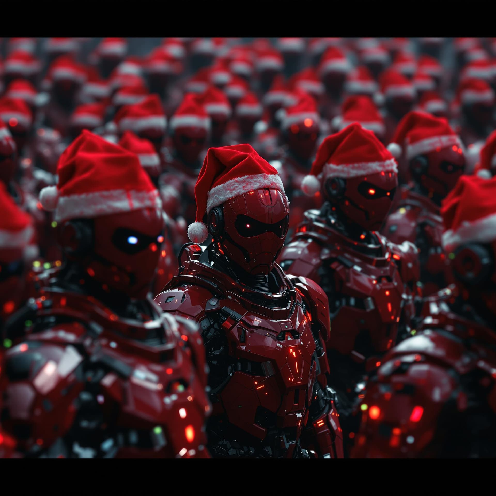 AI generated: An army of red cybernetic soldiers marching, with Christmas hats, muted colors, photorealistic, cine...