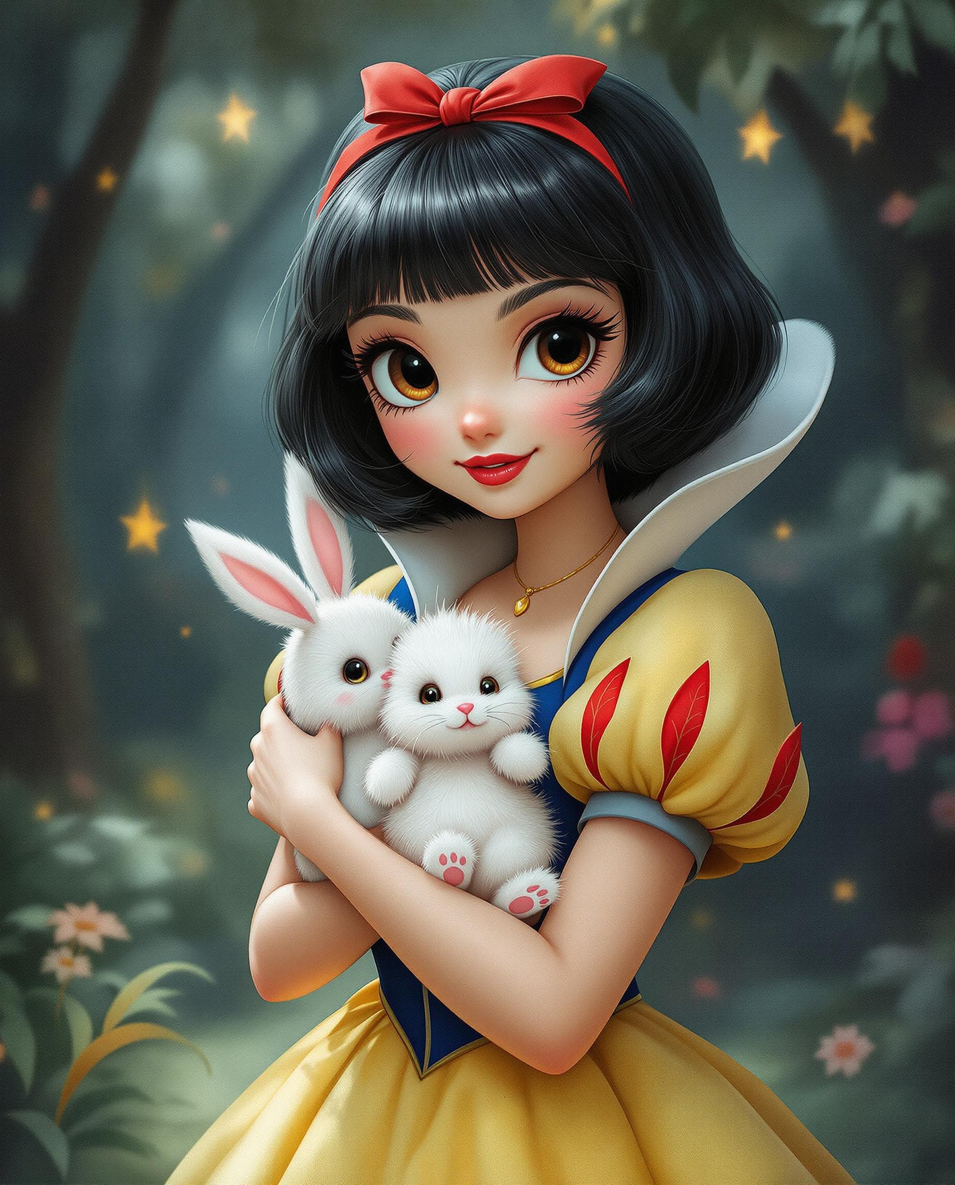 AI generated: Snowwhite 

Promt; Whimsical and pretty illustration of Snow White with big, beautiful eyes and huge...