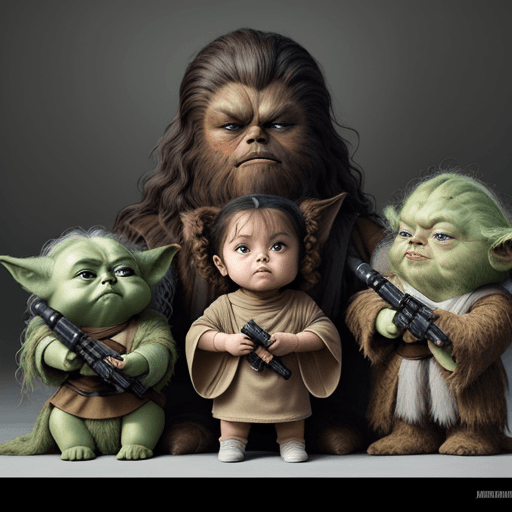 AI generated: Star wars characters, princess leila dark vado chewbacca yoda as babies