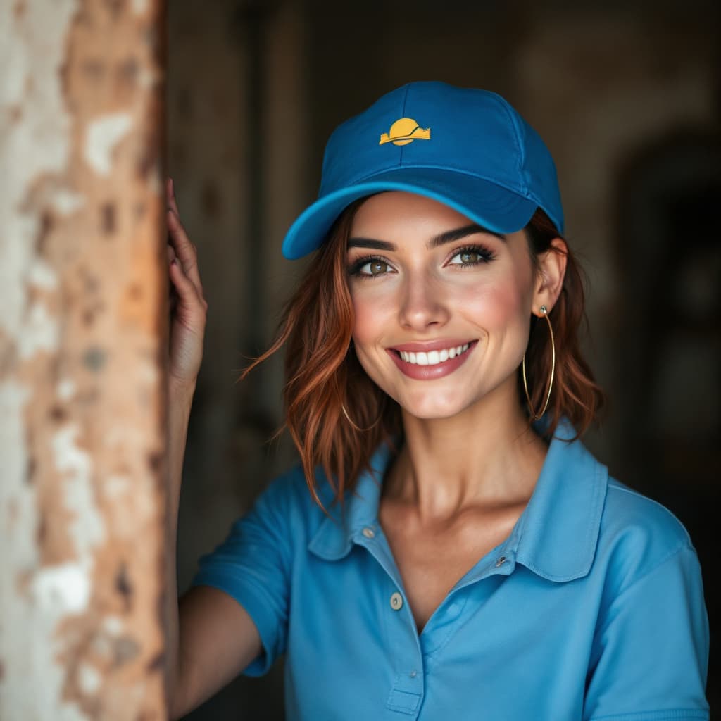 AI generated: Hermosa mujer madura italiana con cabello rubio rizado con gorra todo azul de beisbol con camisa tip...