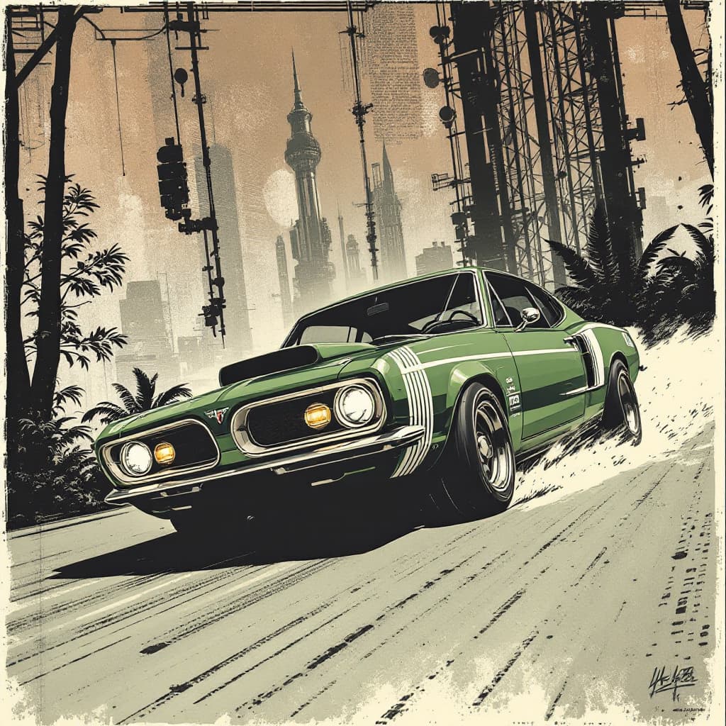 AI generated: 1968 Fastback Plymouth Barracuda in British Racing Green with white racing stripes on the doors,  ca...