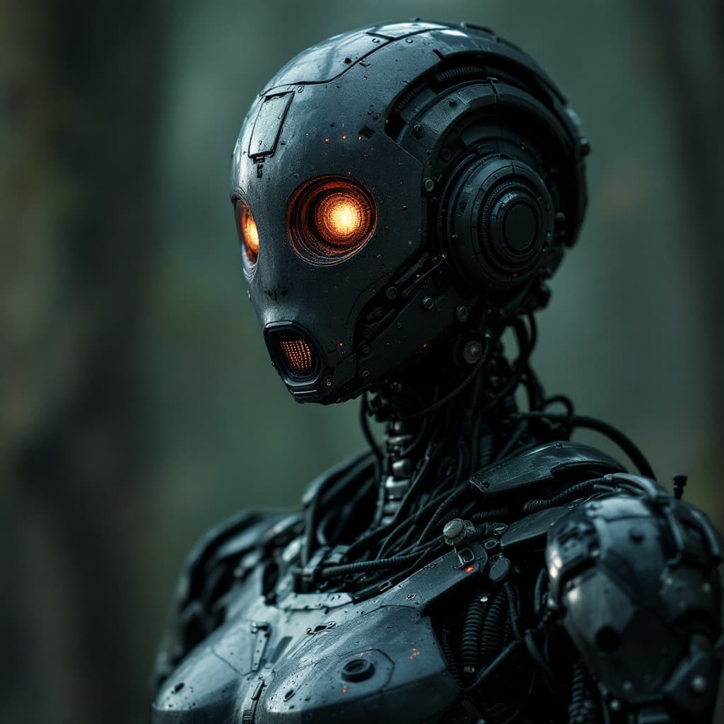 AI generated: Hyperdetailed photo, Mid Shot Photo, murderbot by matha wells, android, (human:robot:0.2) , opaque m...