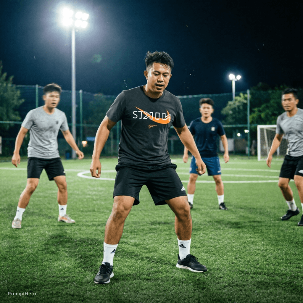 AI generated: Add me in a Five-a-side artificial turf football pitch playing with my friends wearing the uploaded ...