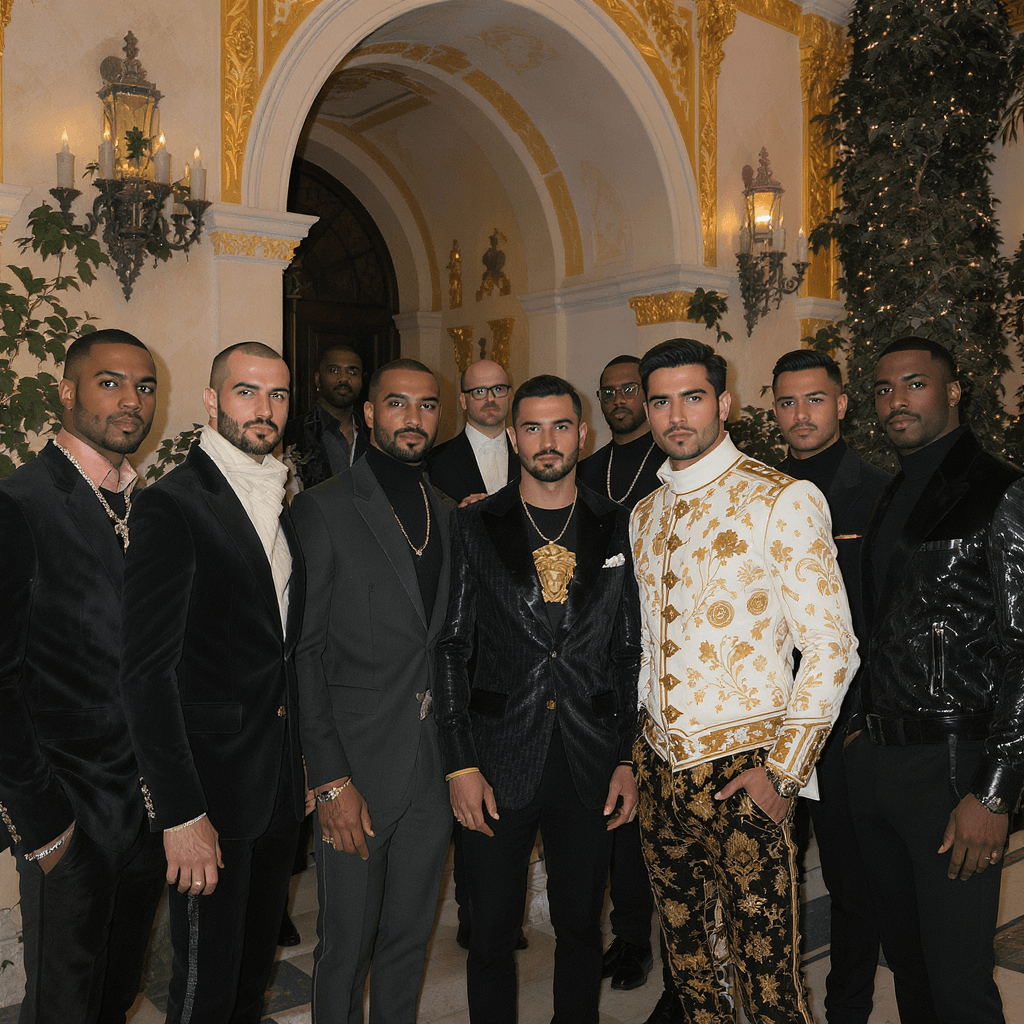 AI generated: A DIVERSE GROUP OF MEN DRESSED IN HIGH END DESIGNER CLOTHING GATHERED AT THE VERSACE MANSION IN MIAM...