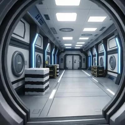 AI generated video: Slow walk to the end of the corridor, looking around. Open the door at the end of the corridor and w...