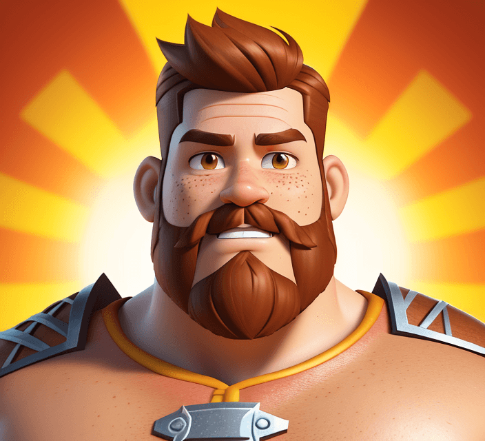AI generated: cartoon 3D sunny bright Pixar-style image : 35 years old: handsome man , warrior man, light brown be...