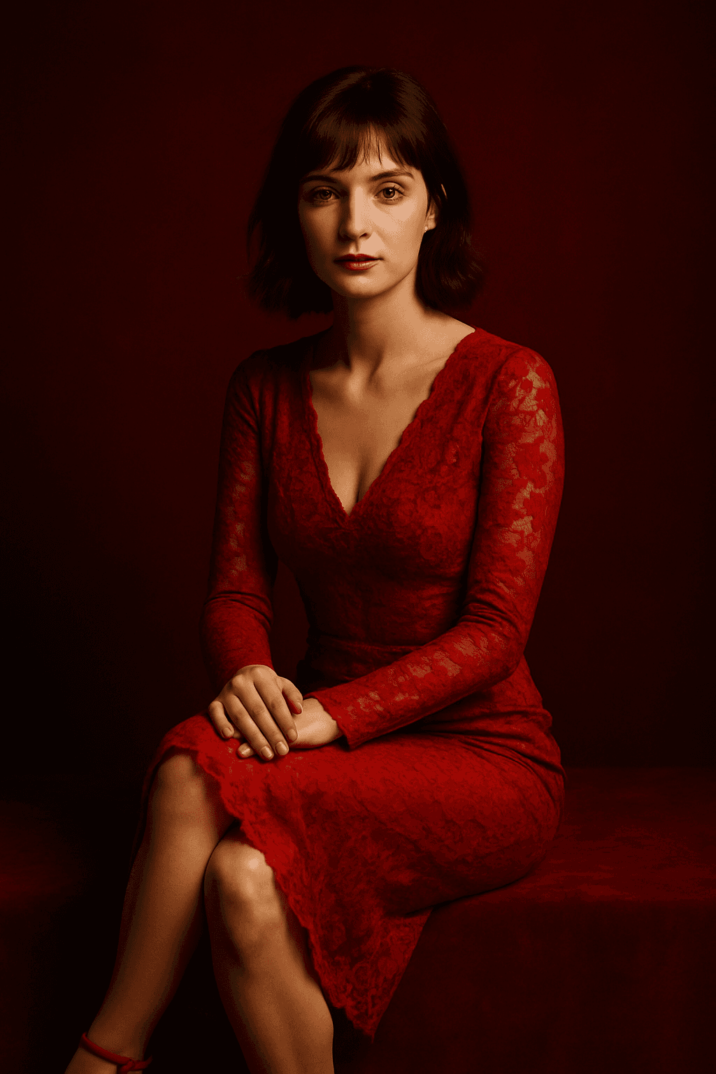 AI generated: create an image of a Woman, Caucasian, 20s, seated on a deep red surface, wearing a red lace dress w...