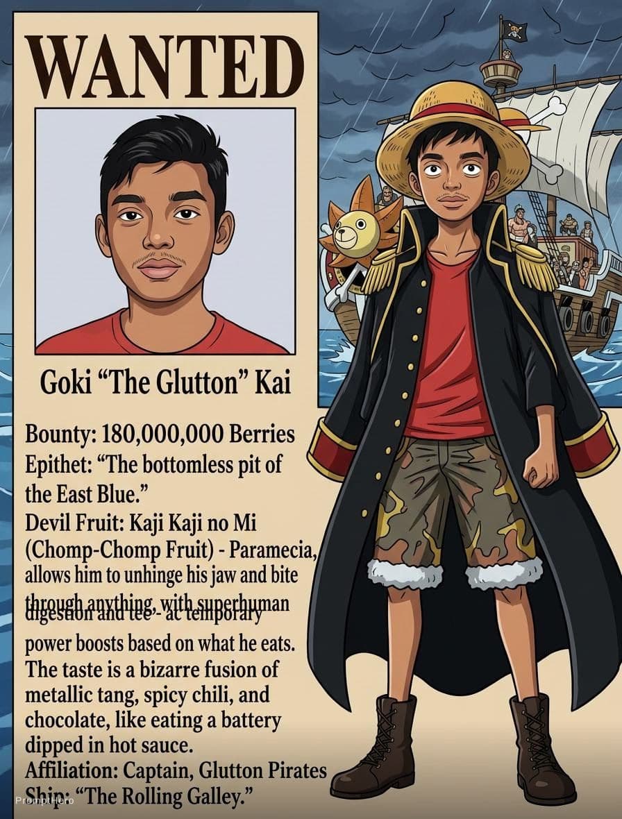 AI generated: Generate an original One Piece character image from attached. Also list the jjdevil fruit abilities,...