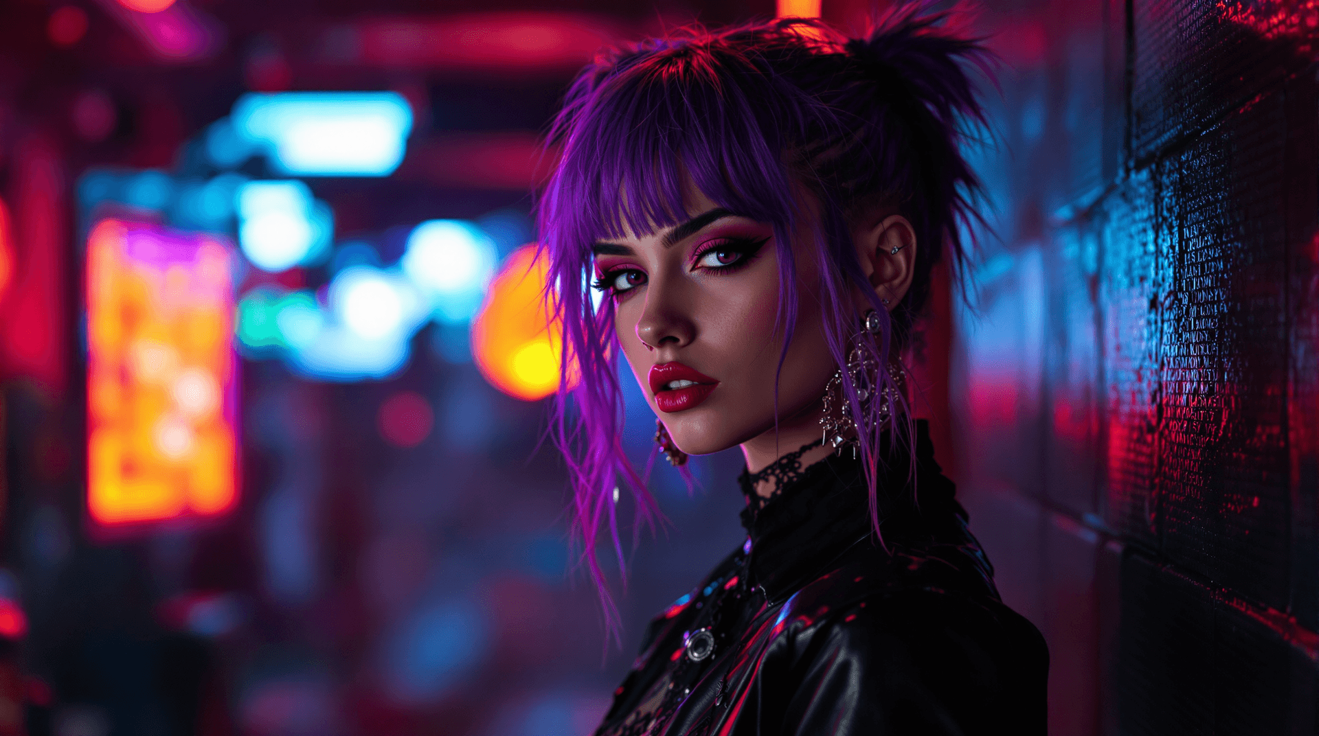 AI generated: portrait of a punk girl, with vibrant purple and black hair, piercing, lace. her eyes shining bright...