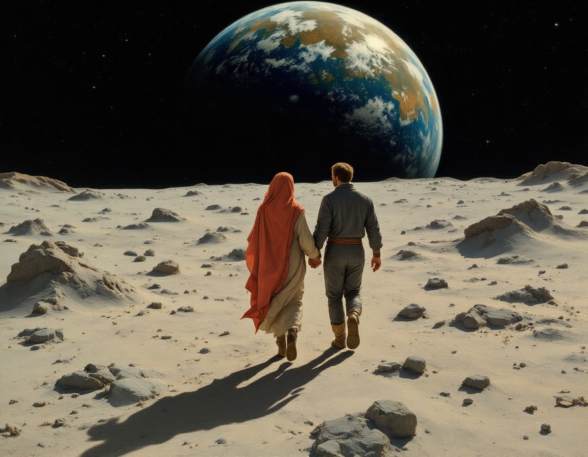 AI generated: in a painting in the style of Jan van Eyck a couple walk hand-in-hand while strolling on the surface...