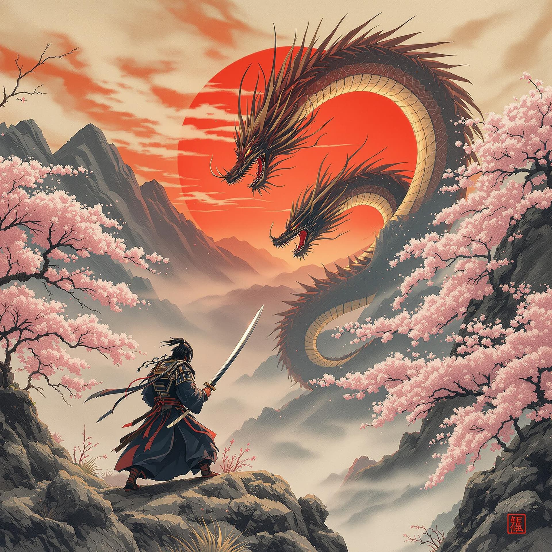 AI generated: samurai with a large katana fighting a dragon, red sunrise, in the mountains with cherry trees 