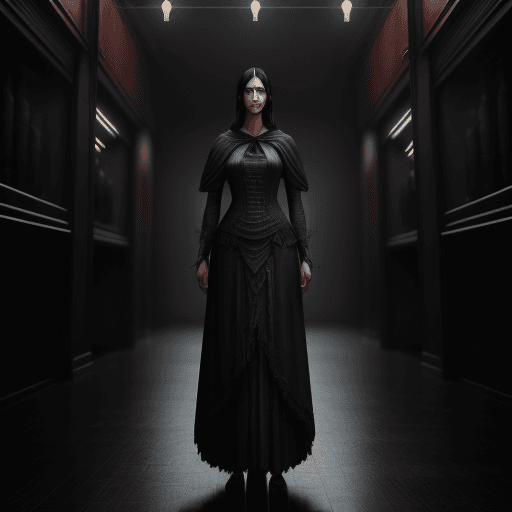 AI generated: tall woman, standing up, posing, black hair, HDR, highly detailed, dark background, cozy place symme...