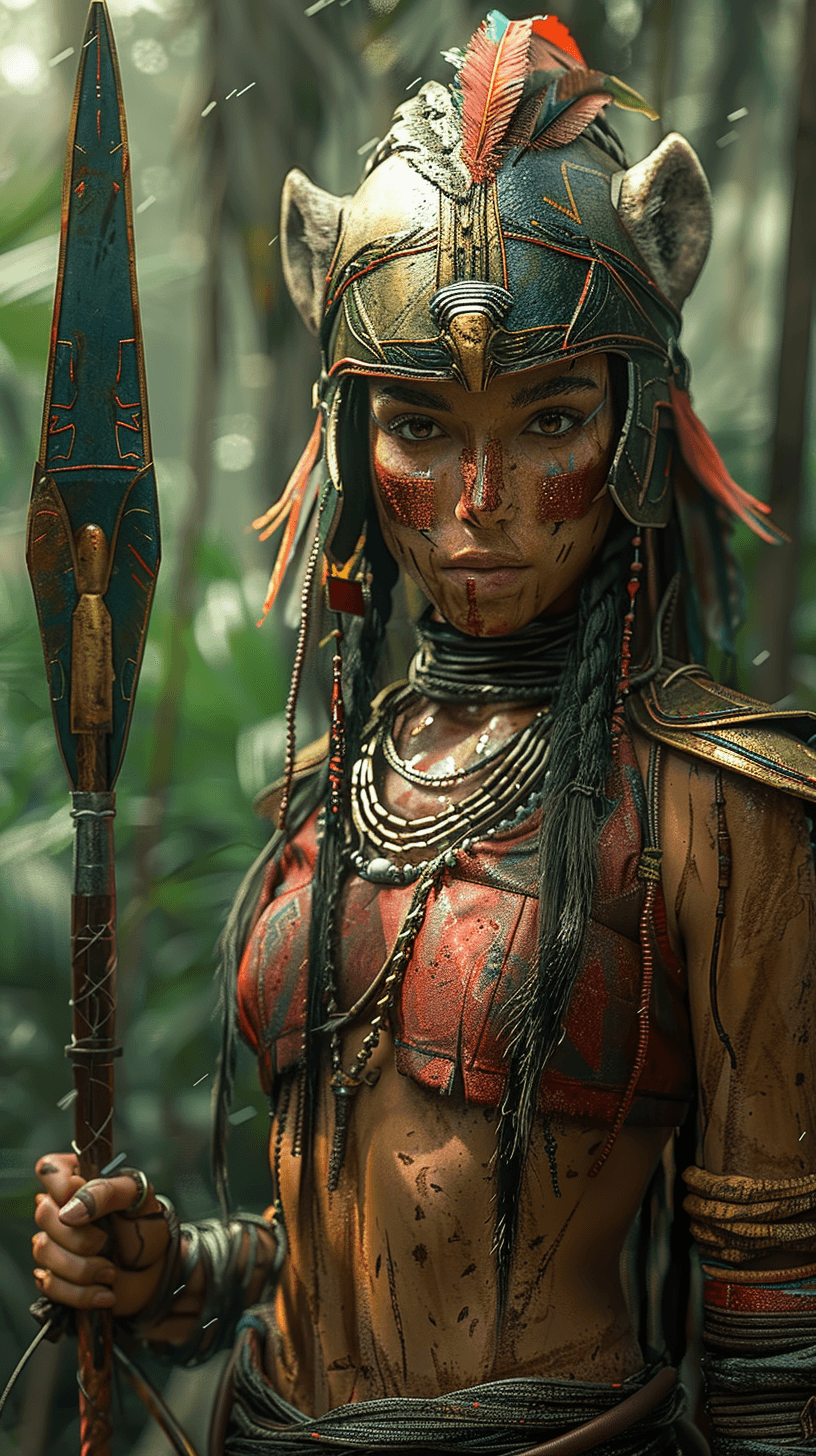 AI generated: Indigenous woman warrior, holding an alien bow and arrow, helmet with macaw feathers, chest armor, d...