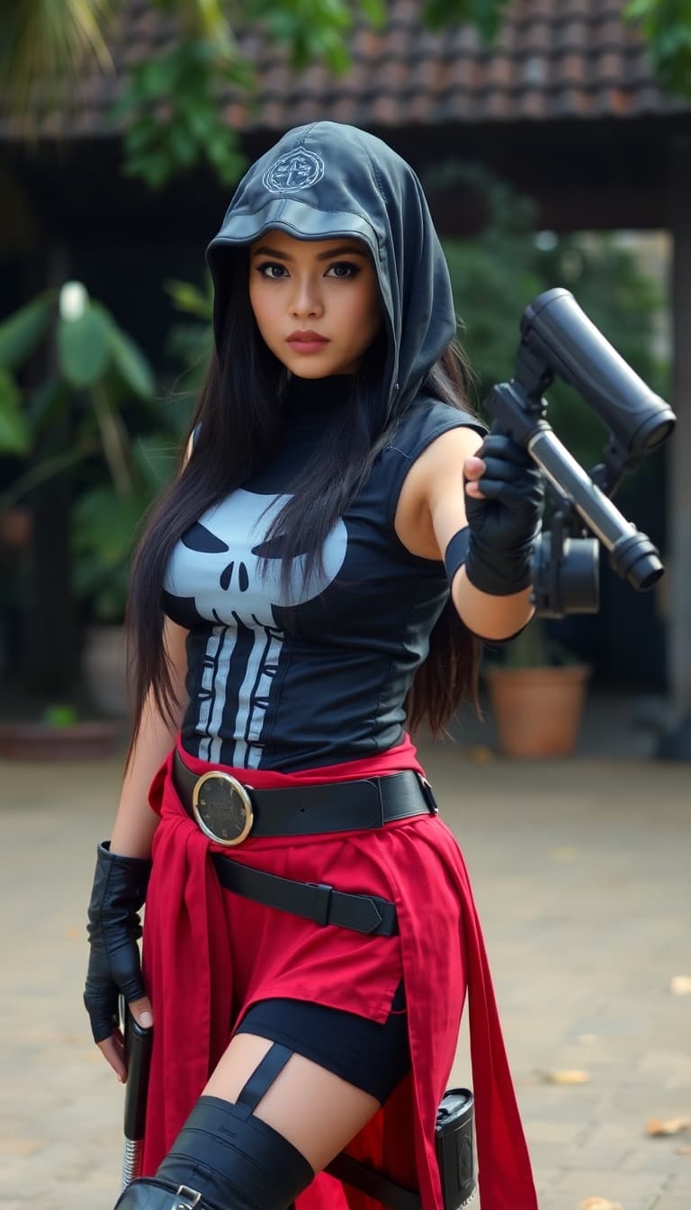 AI generated: Beautiful Indonesian female dressed as Punisher,