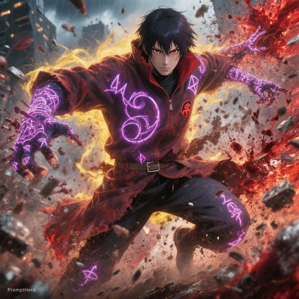 AI generated: "painterly style, male character looking like Itachi at war, wearing akatsuki suit, character design...