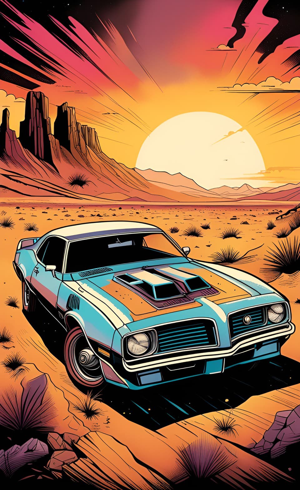 AI generated: A Grunge Comic style poster, line art, in a desert terrain theme setting, of a classic pontiac muscl...