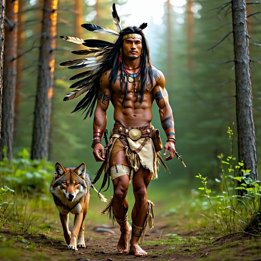 AI generated: A full body image of a native American young adult male, tall, slim, red shiny copper skin tone, ver...