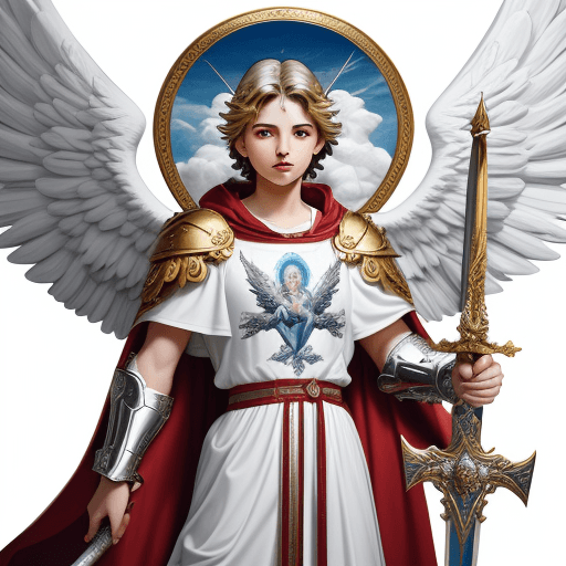 AI generated: A majestic Sticker of Saint Michael Archangel, with a white background, standing atop a sky of cloud...